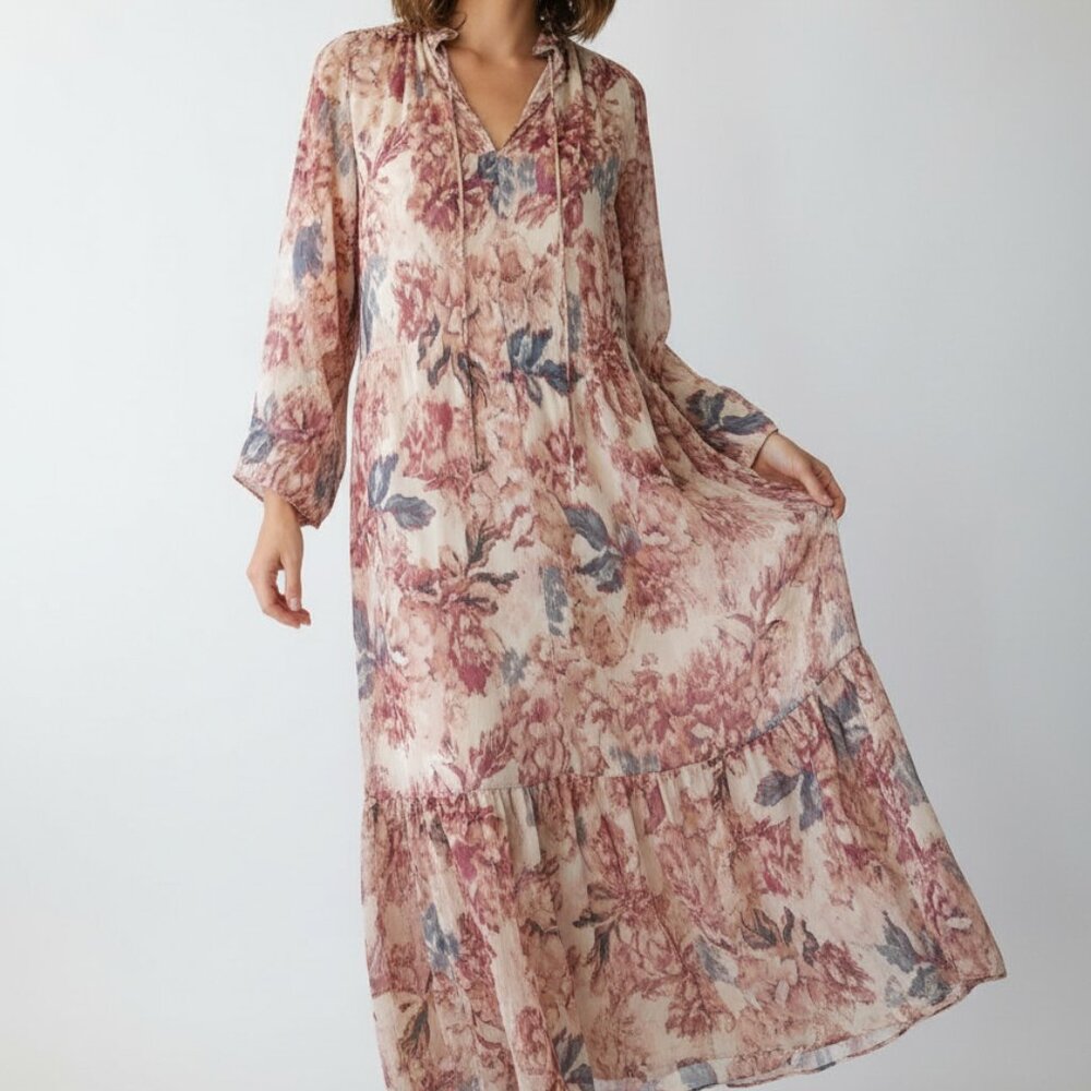 H&M Floral Chiffon Boho Midi Dress Women’s Long Sleeve Tiered Flow | Size XS